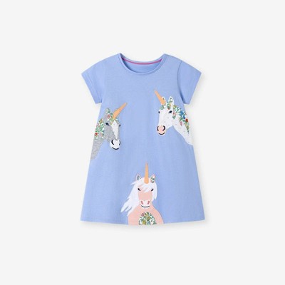 MyKids-Usa Summer Arrival Unicorn Cartoon Pattern Short Sleeves Dress for Stylish Girls