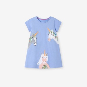 MyKids-Usa Summer Arrival Unicorn Cartoon Pattern Short Sleeves Dress for Stylish Girls - 1 of 4
