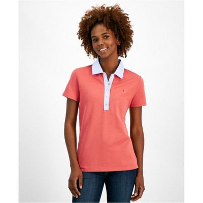 Tommy Hilfiger Womens Striped Collar Polo Shirt, Red, Medium