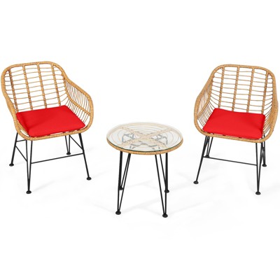 Tangkula 3 Pieces Patio Furniture Set w/Tempered Glass Coffee Table Set for Garden and Backyard White/Red/Turquoise/Grey/Black Cushions