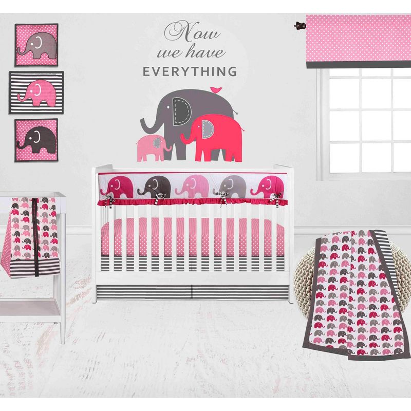 Bacati - Elephants Pink/Fuschia/Gray 10 pc Crib Bedding Set with Long Rail Guard Cover, 1 of 12