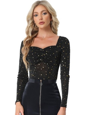 Allegra K Glitter Tops for Women's Sheer Mesh Long Sleeve Sweetheart  Neckline Party Blouse Black X-Small