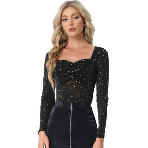 Allegra K Women's Mesh Crop Stars Mock Neck Party See Through Blouse :  Target