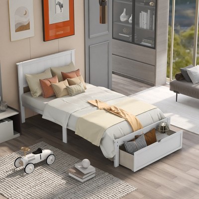 Twin Size Wood Platform Bed With Under-bed Drawer, White-modernluxe ...