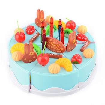 Link 75 piece Birthday Fruit Decoration Cake, DIY Fruit Cake, Pretend Play Desserts Food Toy Set, Blue