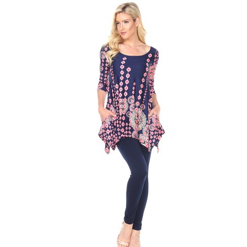 Women's 3/4 Sleeve Printed Rella Tunic Top With Pockets Navy Small ...