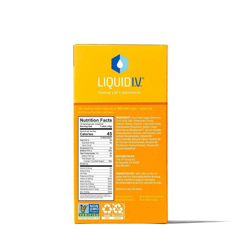 Liquid I.V. Hydration Multiplier + Immune Support Powder Energy Supplements - Tangerine - 0.56oz each/10ct, 5 of 9
