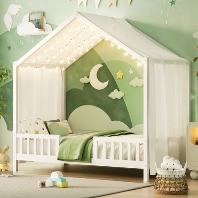Angel Sar Montessori House Floor Bed with Canopy, Twin Size Kids Bed Frame with Safety Railings, White Wood Toddler Bed for Bedroom