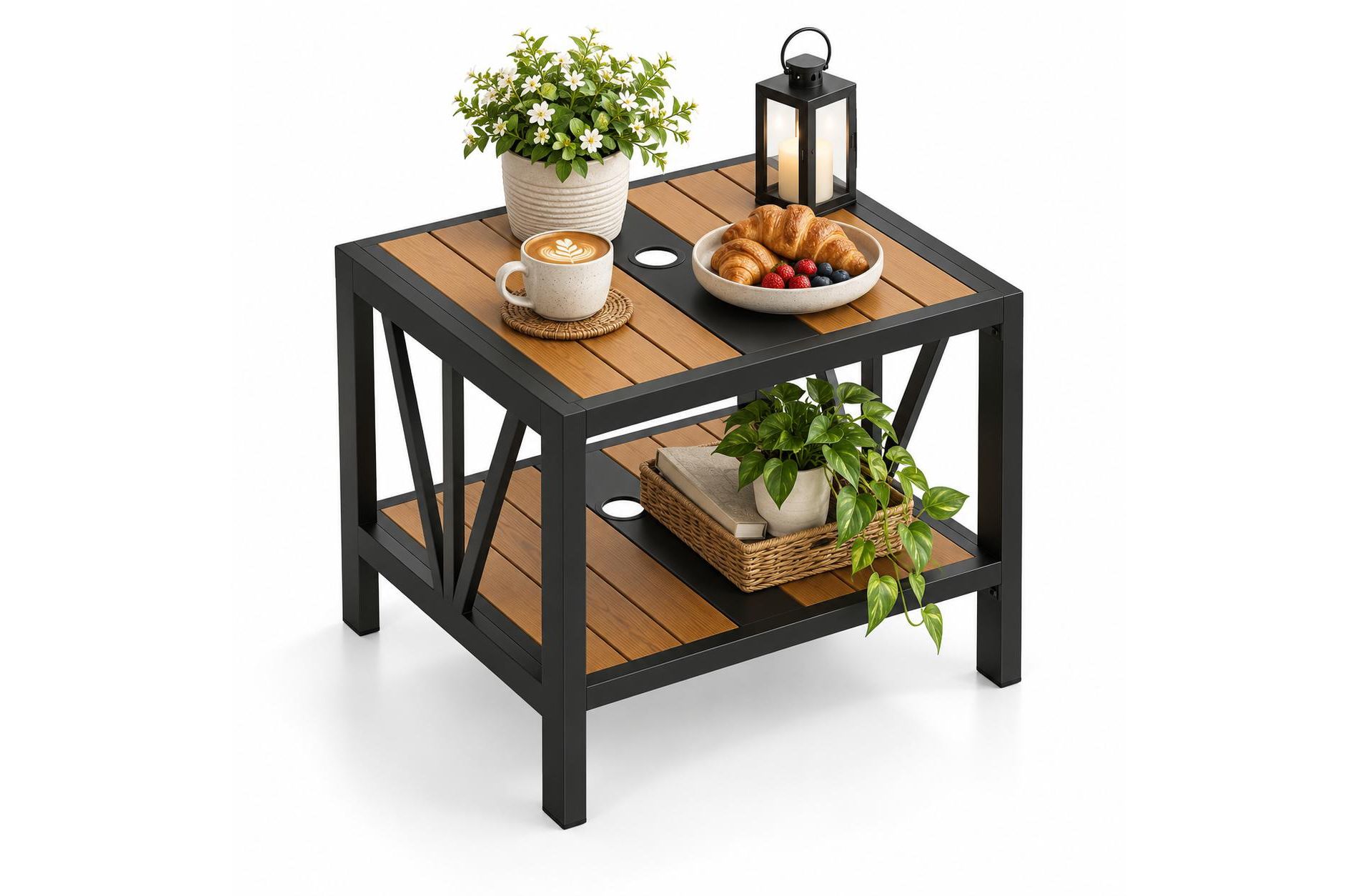 2 Tier Outdoor Coffee Table with Storage Shelf and Umbrella Hole
