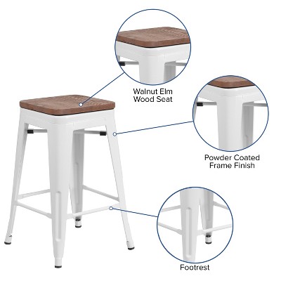24" White Metal and Brown Wood Backless Counter Stool