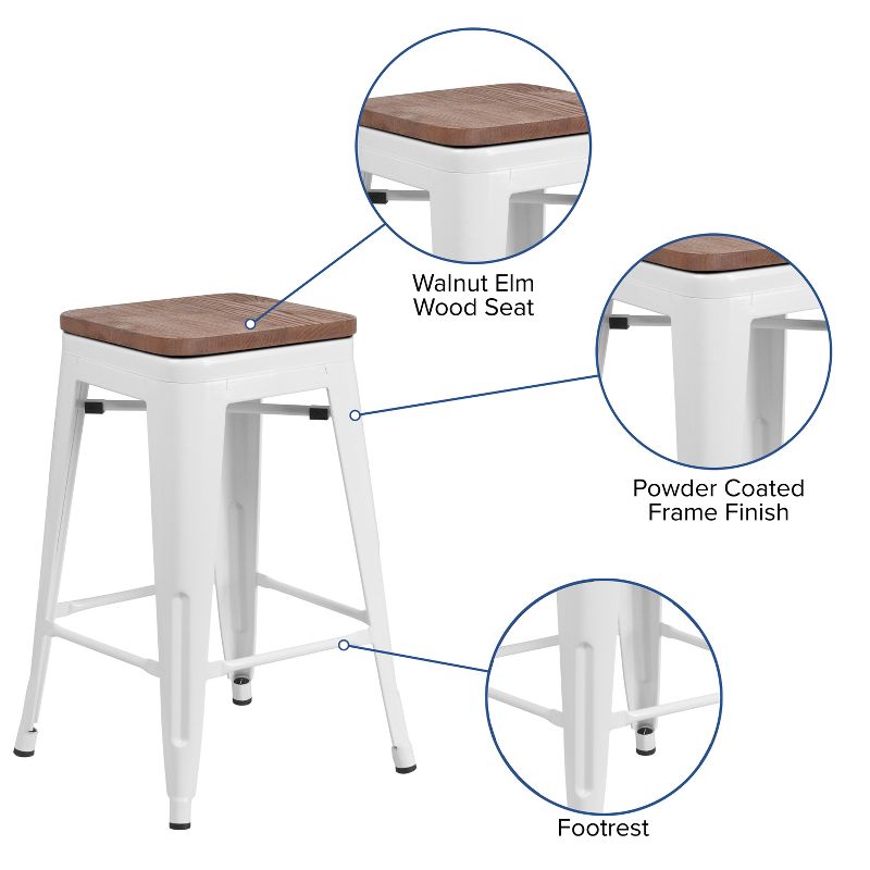 Emma and Oliver 24"H Backless White Metal Counter Height Stool with Wood Seat, 5 of 14