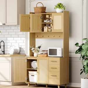 71in Tall Kitchen Pantry Cabinet, Rattan Boho Kitchen Hutch Cupboard Freestanding Storage Cabinet with Microwave Shelf 3 Drawers 6 Hooks - 1 of 4