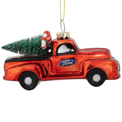Northlight Vintage Ford Truck with Frosted Tree Glass Christmas Ornament - 4" - Red and Black