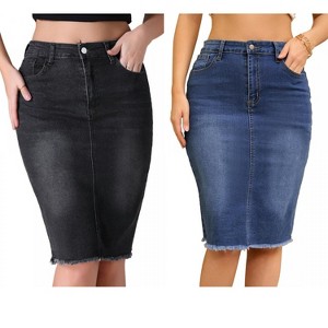 INSPIRE CHIC Women's Raw Hem High Waisted Pockets Stretch Knee Length Jean Denim Skirt 2 Packs - 1 of 4