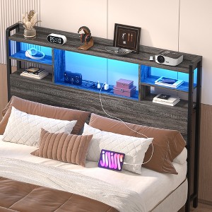 Besiost Headboard with Storage shelves and Charging Station, Wood Headboard with LED Light - 1 of 4
