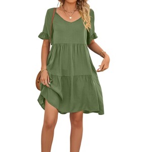 Women's Summer Casual Midi Dress Dressy Smocked Elastic Waist Tiered A-Line Dress V Neck Short Sleeve Midi Dress - 1 of 4