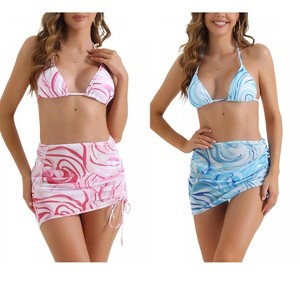 INSPIRE CHIC Women's Halter Contrast Color Tie Back Triangle Bottoms Bathing Bikini Suits 2 Sets - 1 of 4