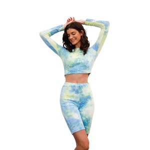 Slickblue Women's Velvet Cropped Long Sleeve Tie-Dye Top & High Waist Biker Shorts Set, Black & White/Green, Size S-L - 1 of 4
