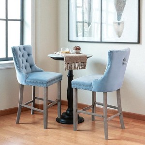 Mshliw Set of 2 Contemporary Velvet Upholstered Barstools with Tufted Back, Chrome Nailhead Trim and Solid Wood Legs for Kitchen and Home Bar - 1 of 4