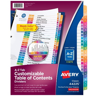 Avery A-Z Dividers for 3 Ring Binders, 26 Tabs per Set, Customizable Table of Contents, Multicolor Tabs (3 Sets of 44225)