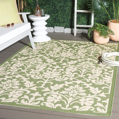 Olive and Natural Floral Motif Outdoor Area Rug