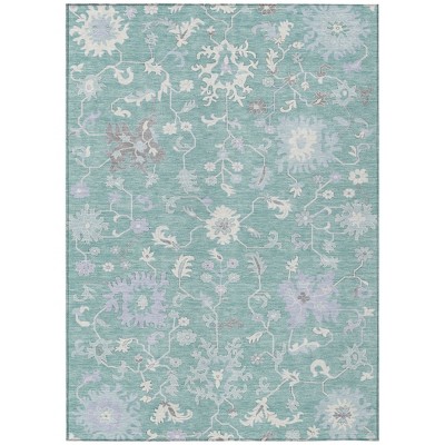 Pale Aqua Ivory And Gray Floral Washable Indoor Outdoor Area Rug