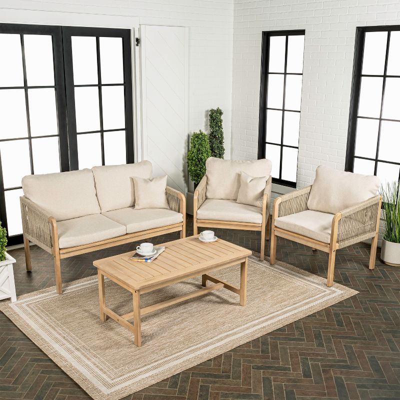 Tavira 4-Piece Modern Bohemian Acacia Wood Outdoor Patio Set with Cushions and Plain Decorative Pillows - JONATHAN Y, 3 of 8