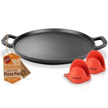 NutriChef 14'' Cast Iron Pizza Pan w/ 2 Heat Safe Silicone Grips