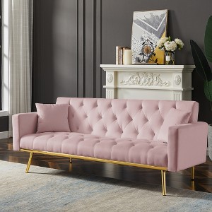 TIRAMISUBEST Grey Velvet Futon Sofa Bed-Convertible Sleeper with Gold Legs & Cup Holders for Living Room, Office, or Guest Room - 1 of 4