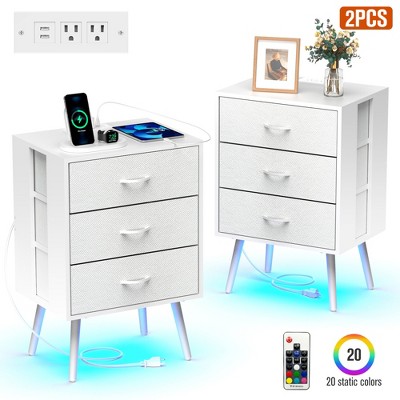 Dolonm Nightstand Set of 2,Nightstand with Power Outlet & USB Ports, Bedside Table with 3 Fabric Drawer & LED Light,for Bedroom
