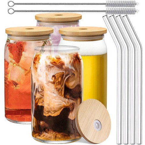 4pcs Glass Cups with Bamboo Lids and Glass Straws, 16oz Drinking