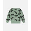 Deux par Deux Boy Printed Pullover French Terry Sweatshirt Gray Wolf on Teal Background - 3 of 4