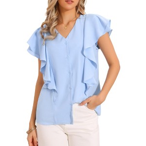 INSPIRE CHIC Women's Ruffled Short Sleeve V Neck Button Down Summer Casual Blouses - 1 of 4