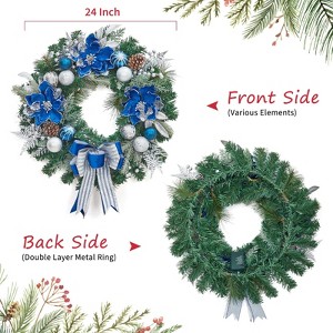 24 Inch Christmas Wreath with Lights, Blue Artificial Holiday Wreath with Flowers & Ball Ornaments, Decorative Christmas Door Wreath for Fireplace - 1 of 4