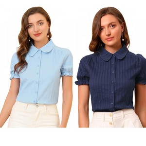 Allegra K Women's Short Sleeve Button Down Peter Pan Collar Blouse 2 Packs - 1 of 4