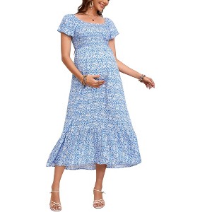Clearlove Women's Summer Casual Short Sleeve Square Collar Elegant Hem Floral Dress - 1 of 4