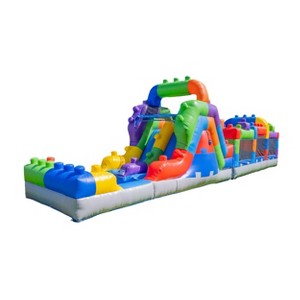 HeroKiddo Block Party 42' Obstacle Course with Water Slide and Blower - 1 of 4