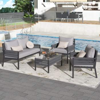 4-Piece Woven Rope Steel Frame Patio Conversation Set Deep Seating with Tempered Glass Table - Maison Boucle
