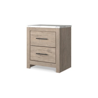 Light Brown and White Faux Marble Top 2-Drawer Nightstand