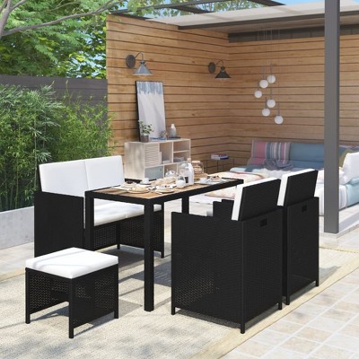 vidaXL 6 Piece Patio Dining Set Poly Rattan and Acacia Wood Black