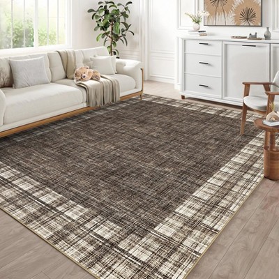 Farmhouse Tartan Plaid Rug 8x10 Ft, Stain Resistant Washable Living Room Rug, Modern Bordered Carpet with Rubber Backing, Low Pile Soft Thin Carpet