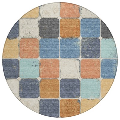 HomeRoots 8' Rust And Denim Blue Round Geometric Washable Indoor Outdoor Area Rug