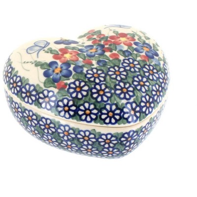 Blue Rose Polish Pottery Garden Butterfly Large Heart Box