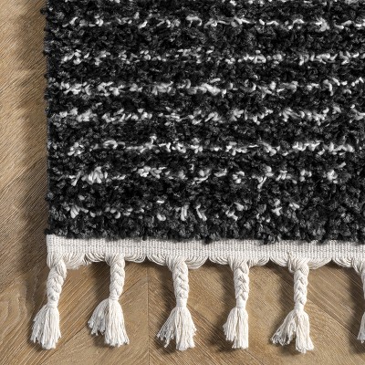 Braided Black Wool Moroccan Diamond Tassel 6'7"x9' Rug