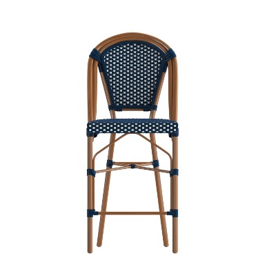 Navy and White PE Rattan Bistro Counter Stools with Bamboo Metal Frame, Set of Two