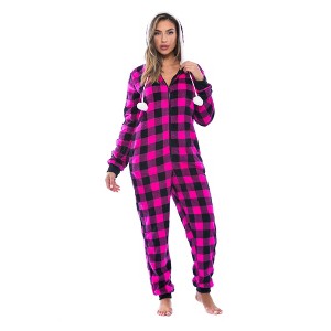 Just Love Womens One Piece Buffalo Plaid Adult Bodysuit Faux Sherling Lined Hoody Pajamas - 1 of 4