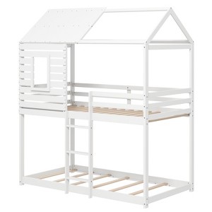 Tangkula Twin over Twin House Bunk Bed Low-to-ground Bed Frame w/ Roof Solid Wood Bed - 1 of 4