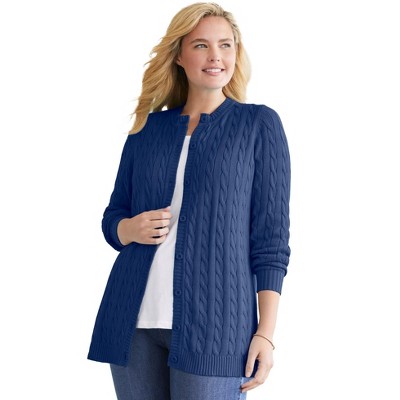 Woman Within Plus Size Cotton Cable Knit Cardigan Sweater