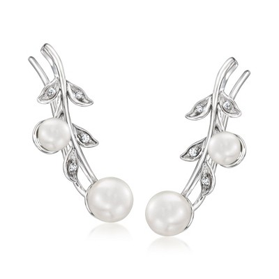 Ross-Simons 4.5-6mm Cultured Pearl Leaf Ear Climbers With Diamonds in Sterling Silver