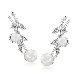 Ross-Simons 4.5-6mm Cultured Pearl Leaf Ear Climbers With Diamonds in Sterling Silver - 1 of 3